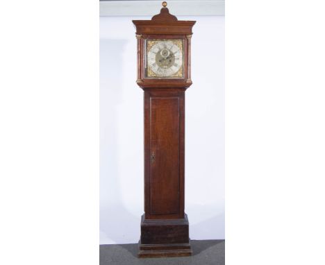 Oak longcase clock, the case with cavetto cornice, three quarter columns, long door, reduced base with double plinth,  twelve