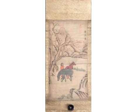 A mid 20th century Chinese silk mounted scroll painting of a gentleman in a landscape with two horses, W. 78cm, L. 194cm.