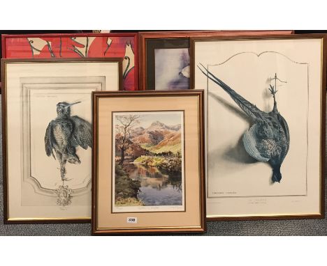 A limited edition framed print by Judy Boyes and four further framed prints.