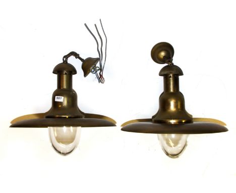 A pair of industrial style brass and glass pendant light fittings, Dia. 46cm.