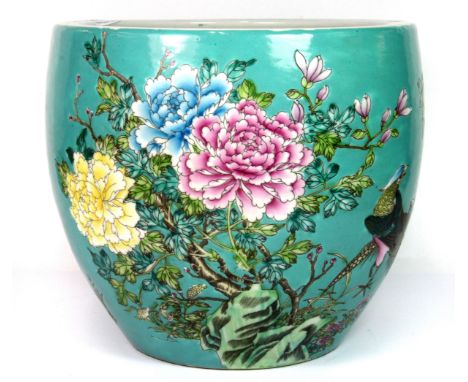 A fine enamelled Chinese famille rose porcelain planter, decorated with birds among flowers, with four character mark to base