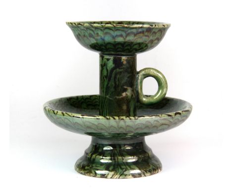 A small Chinese green glazed marbled clay chamberstick oil lamp, H. 8.5cm.