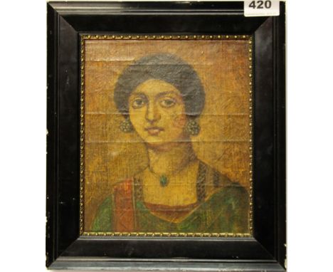 An interesting early 20th century framed oil on canvas portrait, notations in German verso, 29 x 26cm.
