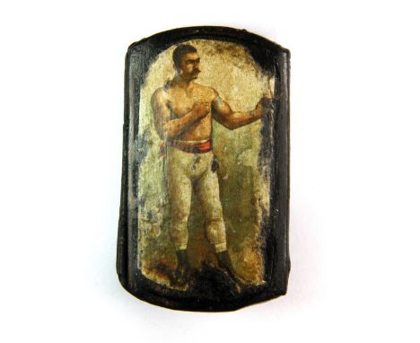 A Georgian papier mache snuff box decorated with an image of a pugilist, L. 6.2cm, H. 2.8cm.
