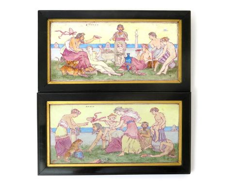 'The Frolic Bacchus and The Libation Bacchus two tile panels by Thomas Henry Thomas,  rectangular, painted in colours, in ebo