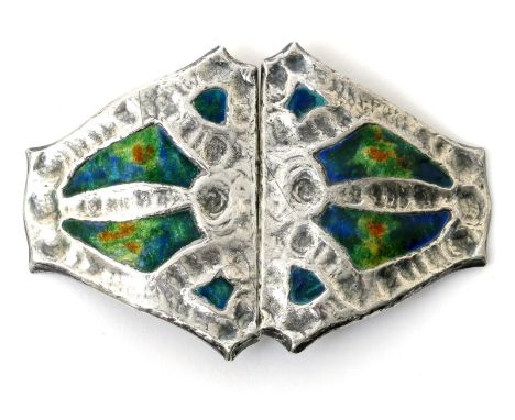 A Liberty & Co Cymric silver and enamel belt buckle,  diamond shaped, cast in low relief with a Butterfly motif, enamelled gr