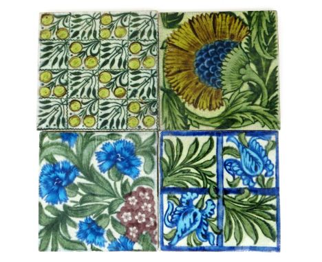 A William De Morgan Merton Abbey BBB tile,  painted in shades of yellow, blue and green on a white ground, and three other Wi