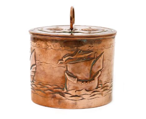 A Newlyn Industrial Class copper tea caddy,  oval section, hammered in relief with three ships sailing at full sail at sea, t