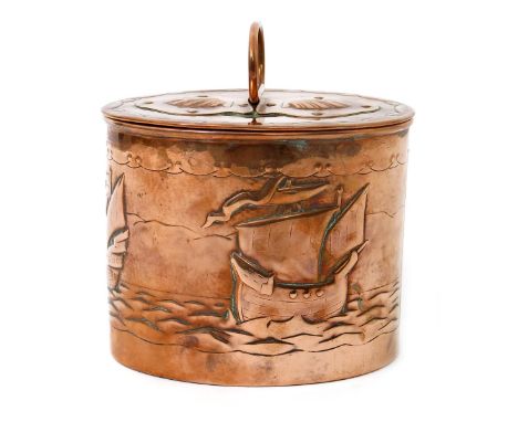 A Newlyn Industrial Class copper tea caddy,  oval section, hammered in relief with three ships sailing at full sail at sea, t