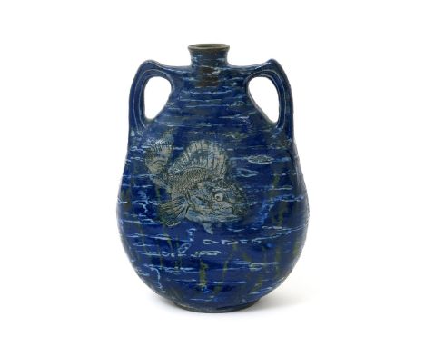 A Martin Brothers stoneware Aquatic vase by Edwin and Walter Martin, dated  1911, flask form with twin looped handles, with p