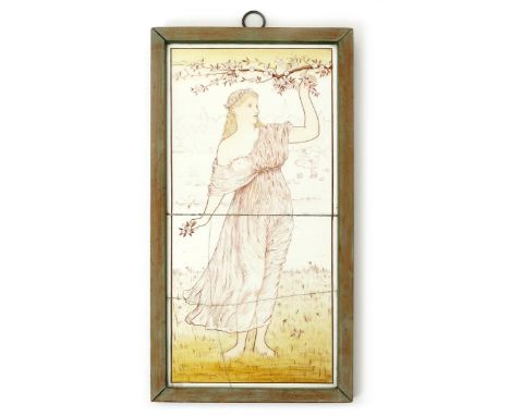 An Aesthetic Movement two tile panel by G.E Cook,  painted with a maiden  picking blossom  from a tree bough, in red and yell