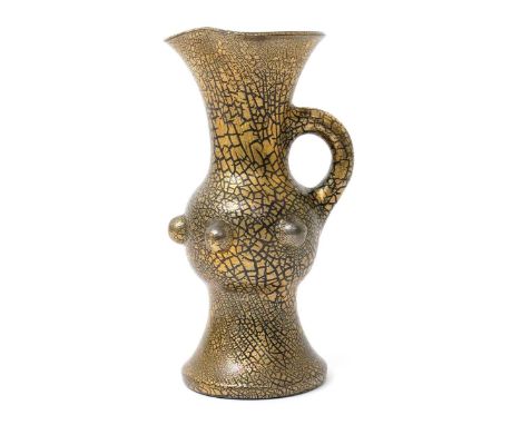 A Sunflower Pottery ewer by Sir Edmund Elton,  the tapering cylindrical body with knopped stem, the knop with a band of raise