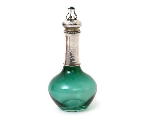 A modern George Hart silver and green glass decanter, originally designed by Charles Robert Ashbee, ovoid glass with cylindri