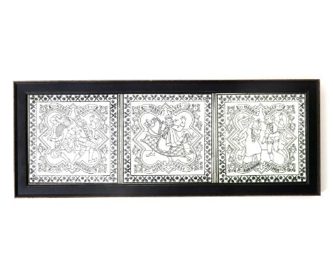 Morris Dance three large tiles,  printed in black with medieval scenes,  comprising The Two Foreigners, Hobby Horse and Maid 