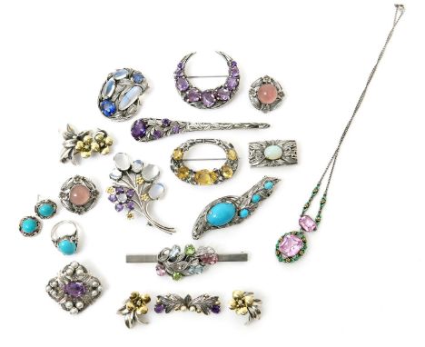A Bernard Instone silver amethyst and pearl brooch, pierced and cast as a stylised foliate panel, a silver and moonstone flow