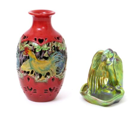 A Zsolnay Pecs reticulated vase, shouldered form, cast with a cockerel and chickens before trees, eosin glazed in colours on 