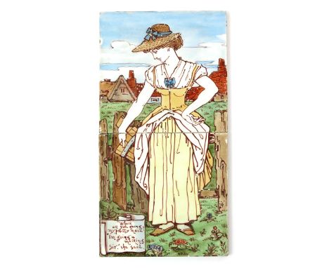 A Minton & Hollins two tile Nursery Rhyme panel designed by Walter Crane, painted with a maid going to milk, in colours impre