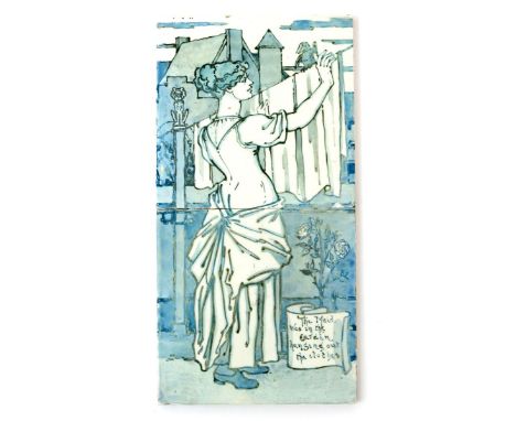 A Minton & Hollins two tile Nursery Rhyme panel designed by Walter Crane,  painted with the maid hanging out her washing, in 