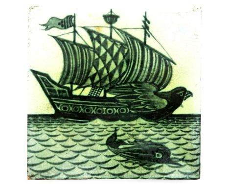 A William De Morgan early Fulham Period Galleon tile,  painted with a green galleon at full sail, a dolphin leaping in a calm