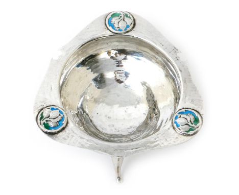 A William Hutton & Sons silver and enamel pedestal bowl, retailed by Connell,  triangular section,  the broad rim cast with c