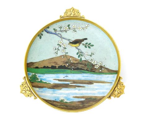 A Christofle & Cie gilt metal mounted enamel coupe the design attributed to Emile Reiber, shallow form enamelled with a bird 