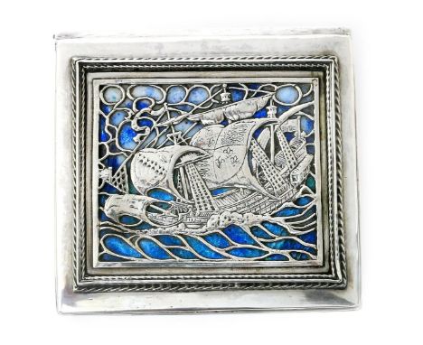 An Omar Ramsden silver and enamel cigarette box and cover, rectangular section, the hinged cover with wirework man-of-war in 