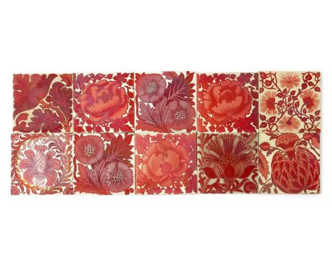 Three Maw & Co tiles,  each painted in ruby lustre with a flower and foliage design, on cream ground, and eight other tiles, 