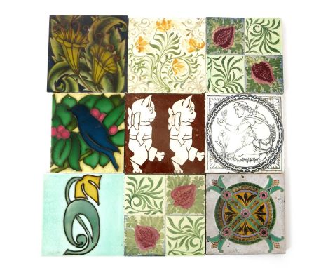 A Maw & Co tile designed by C.F.A Voysey, tubeline decorated with a bird perched on a fruiting bough, in green, pink and blue