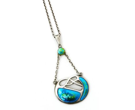 A Charles Horner silver and enamel pendant,  pierced entrelac motif enamelled blue and green, hanging from a small enamelled 
