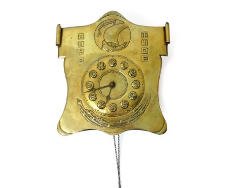 Time and Tide a brass wall clock designed by Peter Wylie Davidson,  shield shape, stamped in low relief with a frieze of flyi