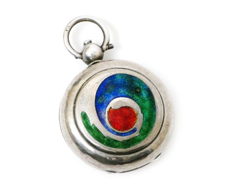 A Liberty & Co silver and enamel sovereign case designed by Archibald Knox, circular with hinged cover,  cast with a scrollin