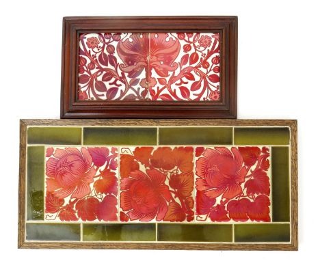 A Maw & Co three tile panel,  painted with flower stems in ruby lustre on a cream ground, inside olive green spacer tiles, fr