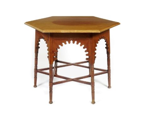 A Liberty & Co Anglo-Moorish mahogany table, octagonal section, on six turned and flaring legs and Star of David stretcher, w