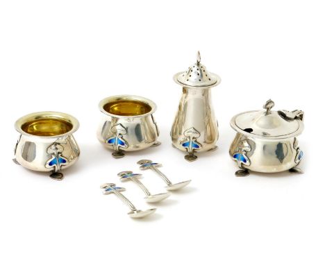 An Art Nouveau James Fenton silver and enamel seven piece cruet set, comprising, two open salts, a pepper pot and cover, a mu