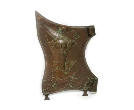 A John Pearson repousse copper firescreen, shaped as a flag, hammered in relief with sailing vessel, the sail with a radiatin