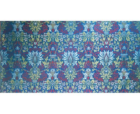 'Flower Garden' a Morris & Co jacquard woven silk panel designed by William Morris,  blue and copper red on a blue ground,  1