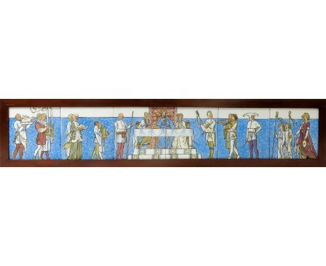 A Minton's six tile panel in the manner of Henry Stacy Marks,  painted with a medieval court scene, the king seated centrally