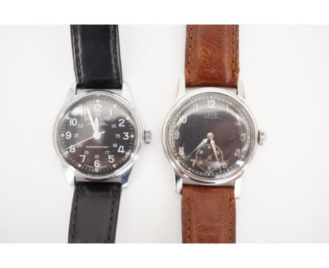 A 1940s Tevo Precision military style wrist watch, having a manual wind movement and circular black face with luminous dagger