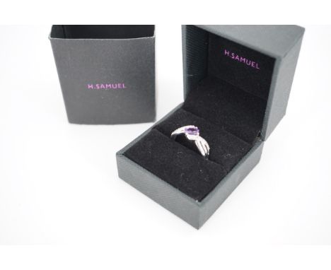 A contemporary 9ct white gold, diamond and amethyst ring retailed by H. Samuel, size N, 1.2g