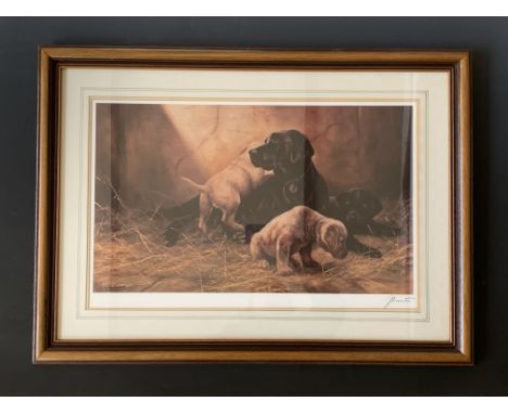 John Trickett (b.1953) "Black Lab and Pups", pencil signed limited edition offset lithographic print, 55 x 75 cm