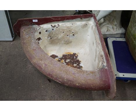 A vintage enamelled iron wall-mounting corner trough, 70 cm x 70 cm