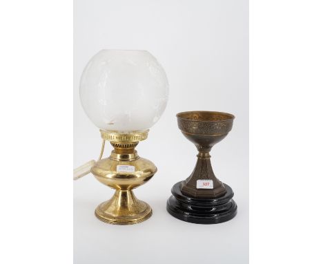 A brass oil lamp with Art Nouveau etched glass shade, converted to electricity, 38 cm, and a 19th Century brass oil lamp base