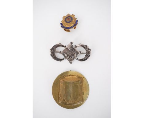 A Victorian silver Aesthetic influenced brooch, a Scots Guards lapel badge and an army drummers qualification badge