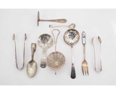 Vintage electroplate flatware, including caddy spoon, tea strainer, dredger, two pairs of sugar tongs, and a baby's pusher an
