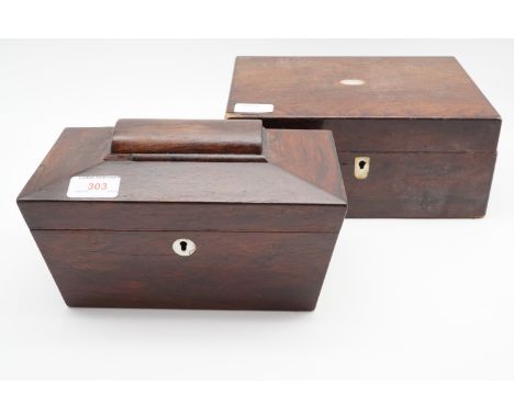 An early 20th Century Victorian rosewood sarcophagus form tea caddy together with a rosewood work box