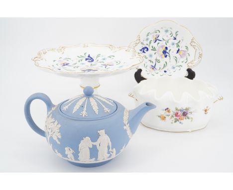 A Coalport Pageant pattern table centrepiece and dish, a Minton Marlow pattern bowl and a Wedgwood Jasperware teapot