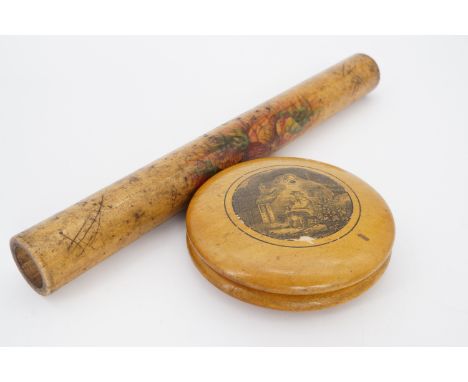 A Mauchline ware lenticular pocket snuff box together with another item of Mauchline ware commemorating Alexandra palace