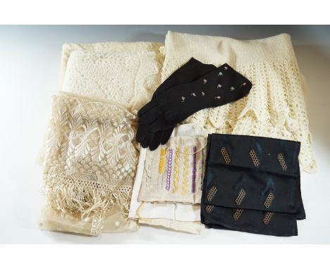 Vintage textiles including woollen shawls, beadwork purse, scarves and gloves etc.