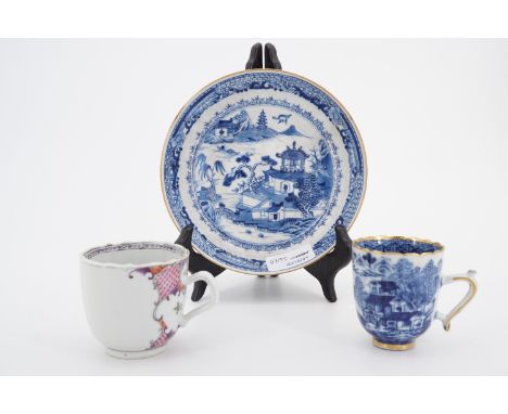 An early 19th Chinese export blue-and-white porcelain tea cup together with a Famille rose cup and a dish (latter a/f) 