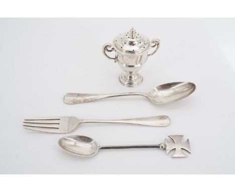 Silver including an Edward VIII christening spoon and fork, Birmingham, 1936, a tea spoon with Maltese cross terminal, London